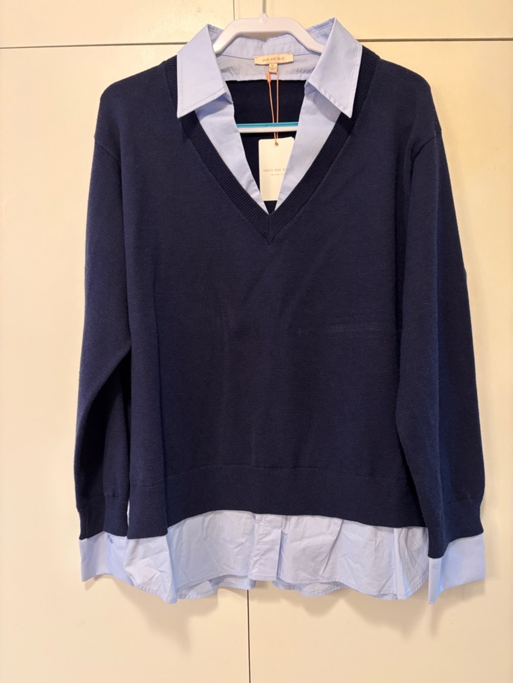 NWT Navy V-Neck Layered Sweater with Light Blue Shirt Hem